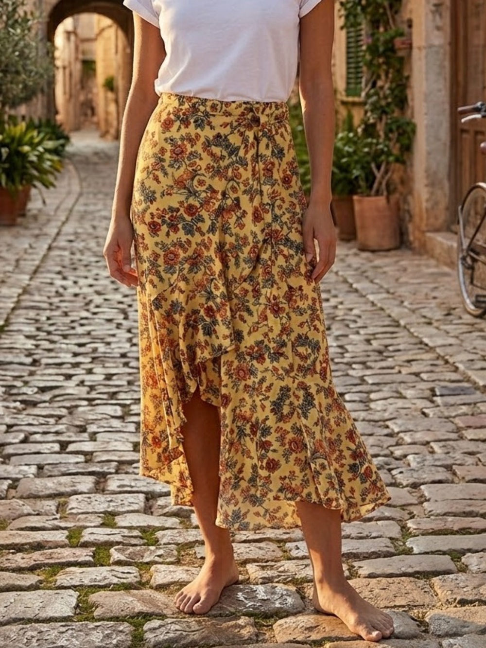 Max Studio Yellow Floral High-Low Wrap Skirt